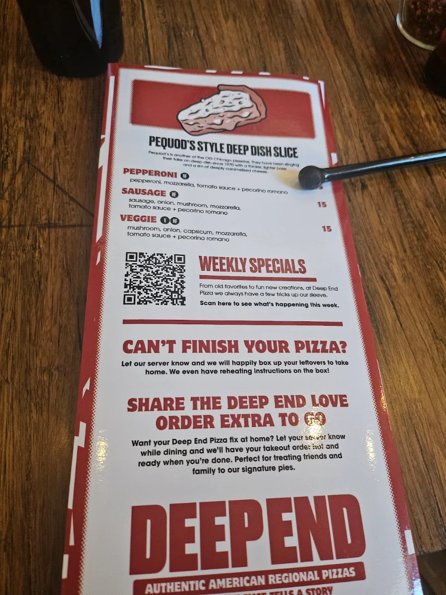 Menu, Deep End Pizza