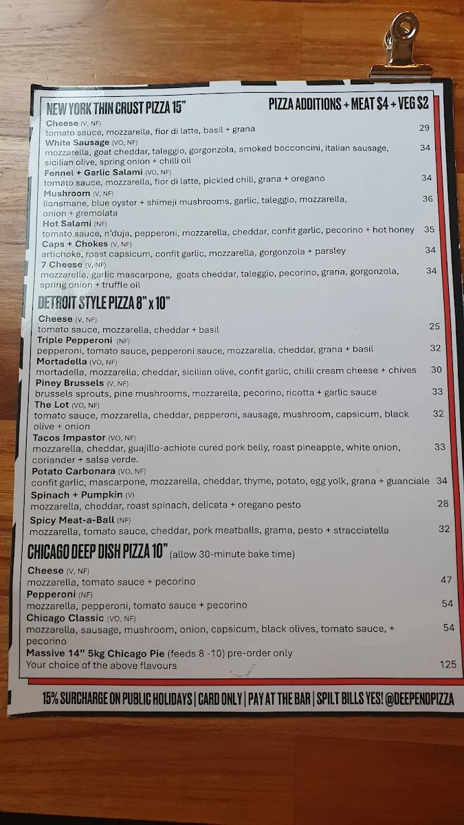 Menu, Deep End Pizza