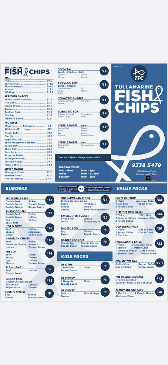 Menu, Tullamarine Fish & Chips