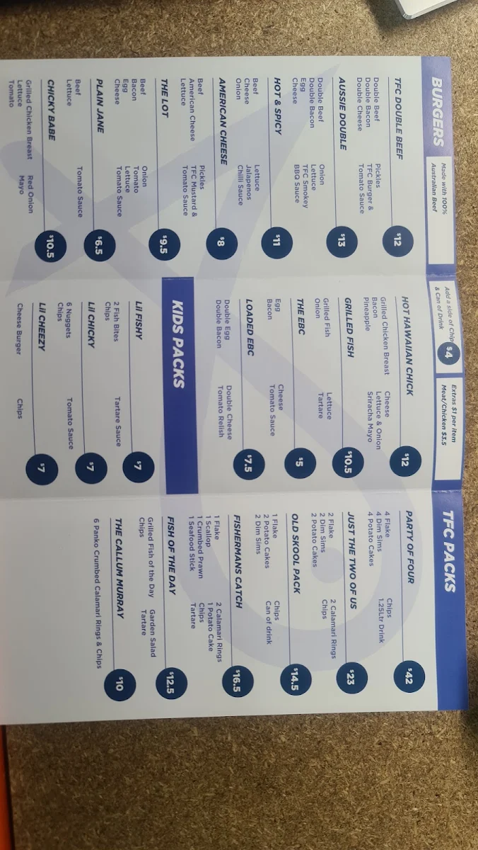 Menu, Tullamarine Fish & Chips