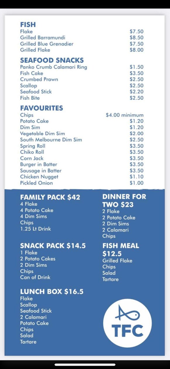 Menu, Tullamarine Fish & Chips
