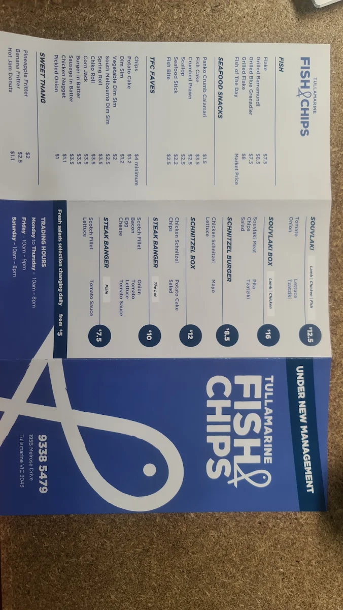 Menu, Tullamarine Fish & Chips