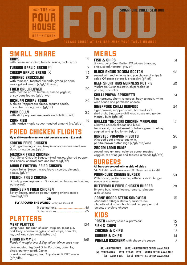 Menu, The Pour House Bar and Kitchen