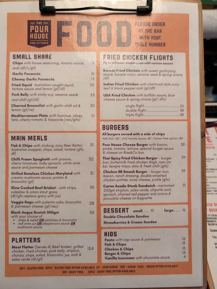 Menu, The Pour House Bar and Kitchen