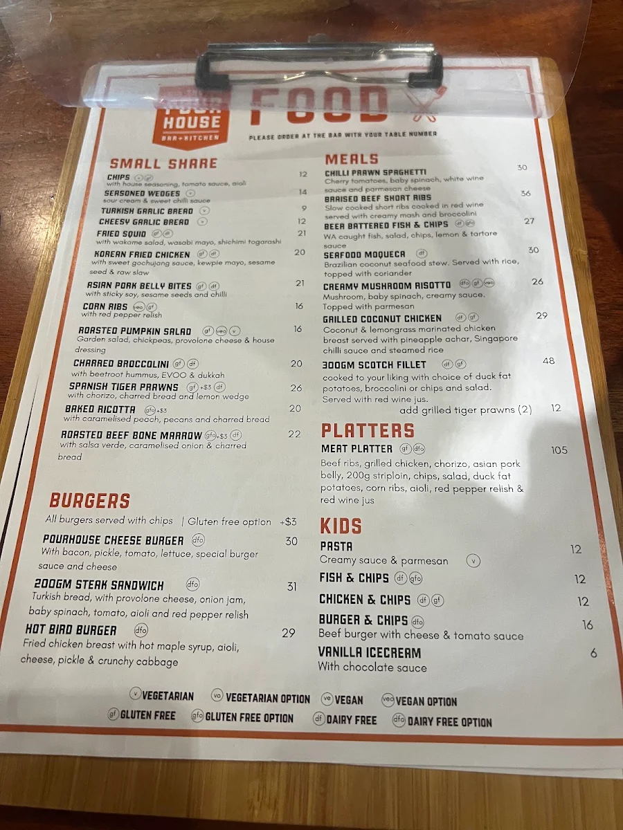 Menu, The Pour House Bar and Kitchen