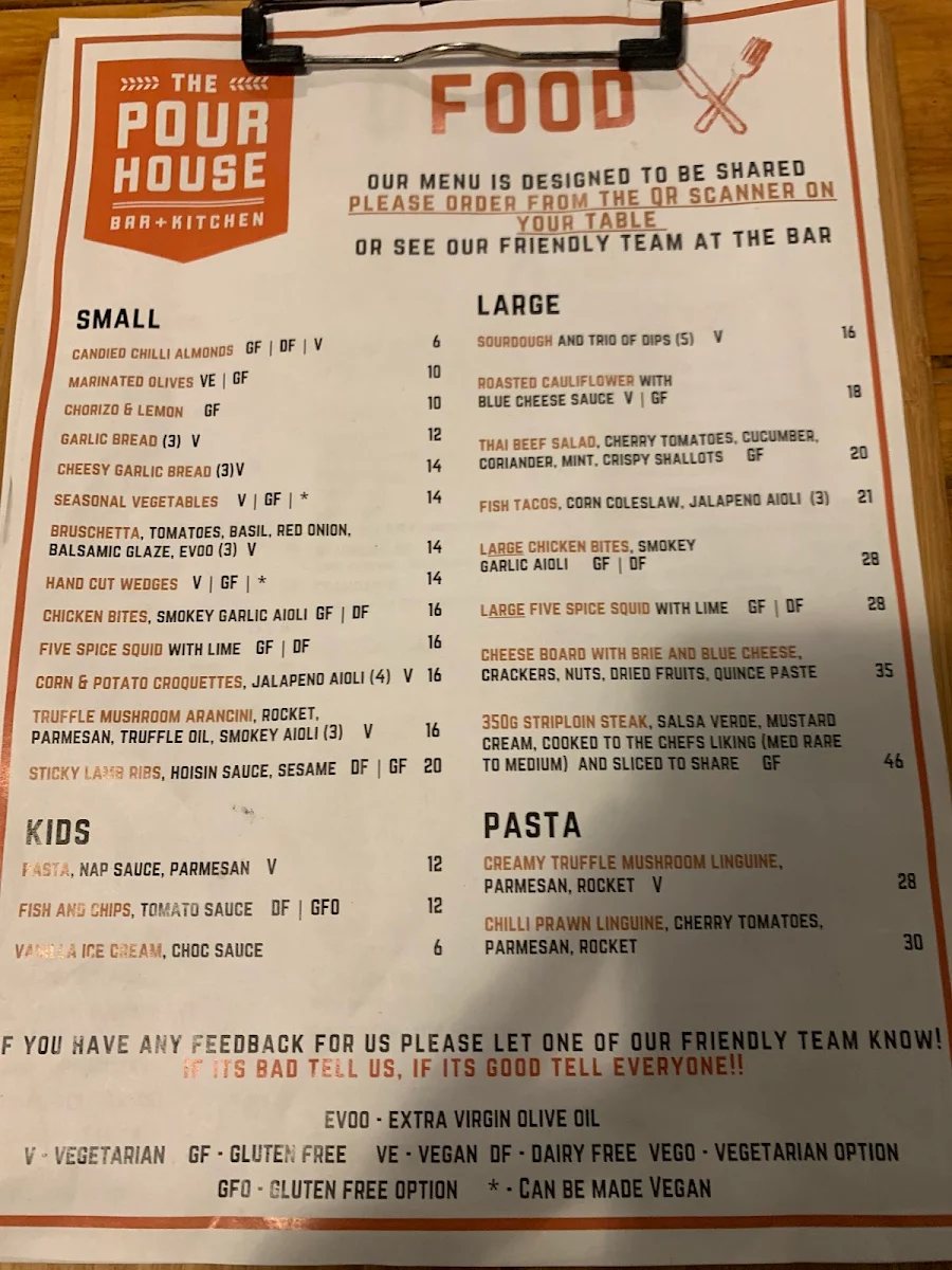 Menu, The Pour House Bar and Kitchen
