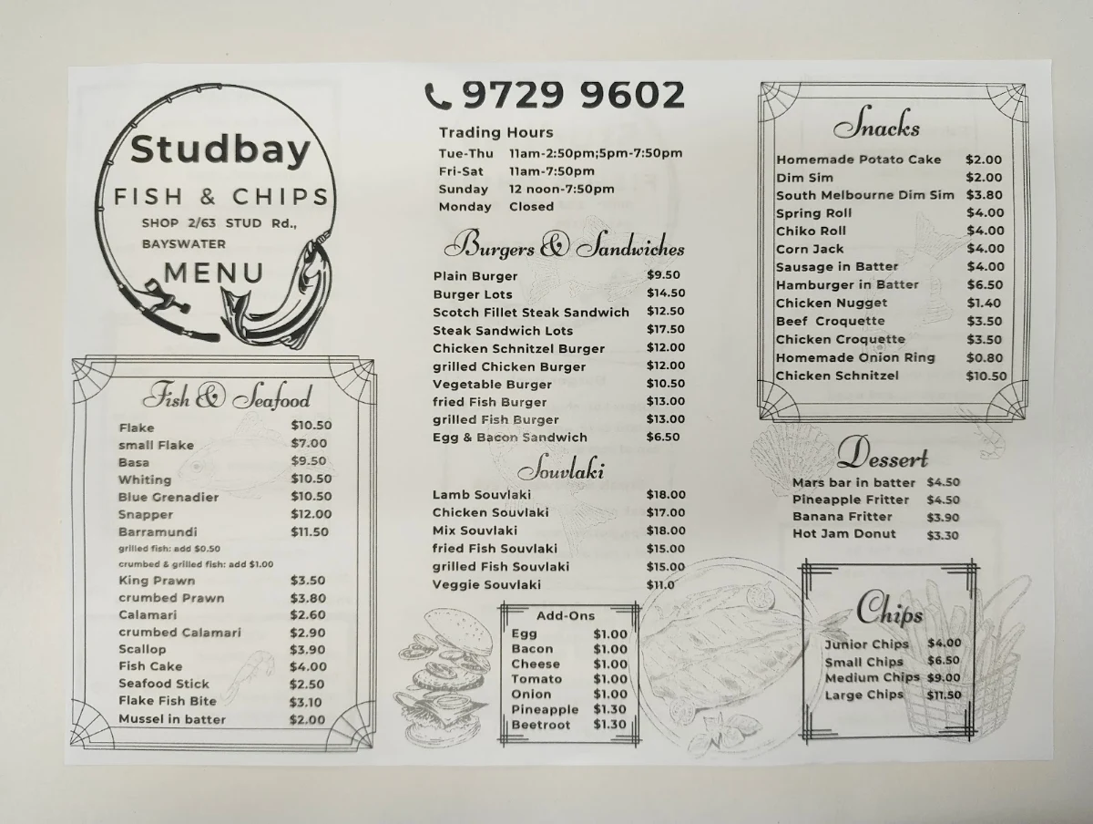 Menu, Stud Bay Fish & Chips