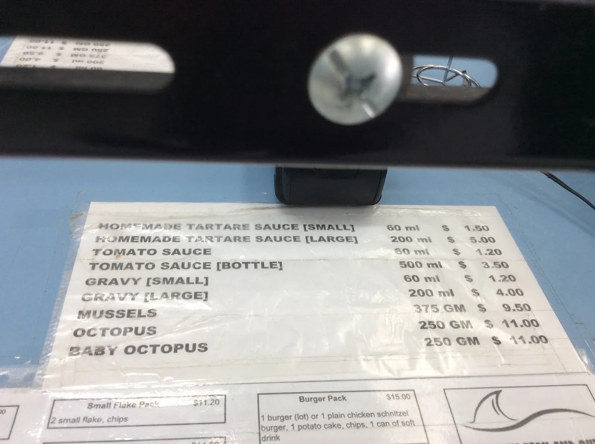 Menu, Stud Bay Fish & Chips