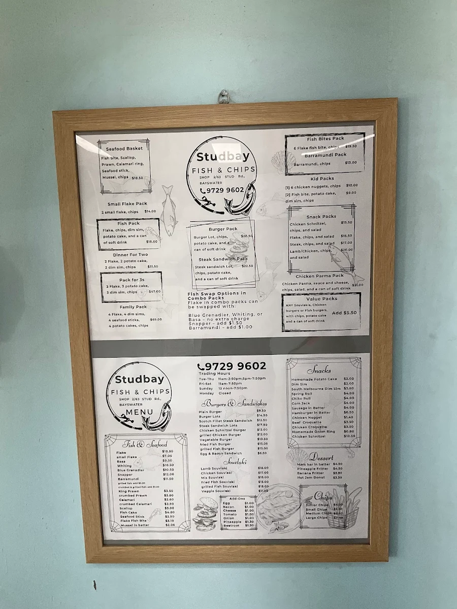 Menu, Stud Bay Fish & Chips