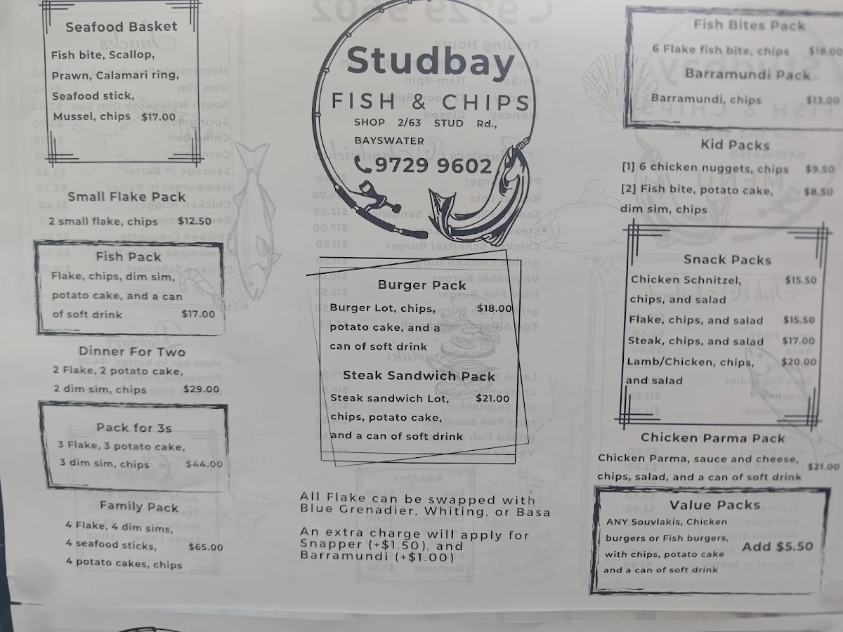 Menu, Stud Bay Fish & Chips