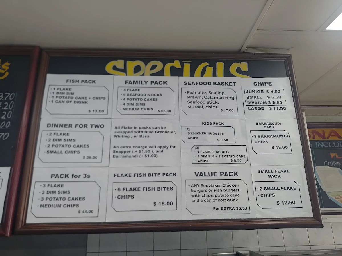 Menu, Stud Bay Fish & Chips