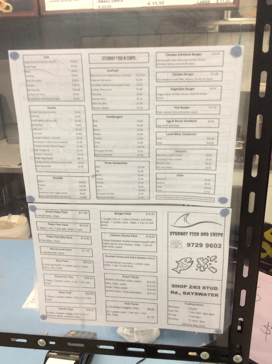 Menu, Stud Bay Fish & Chips