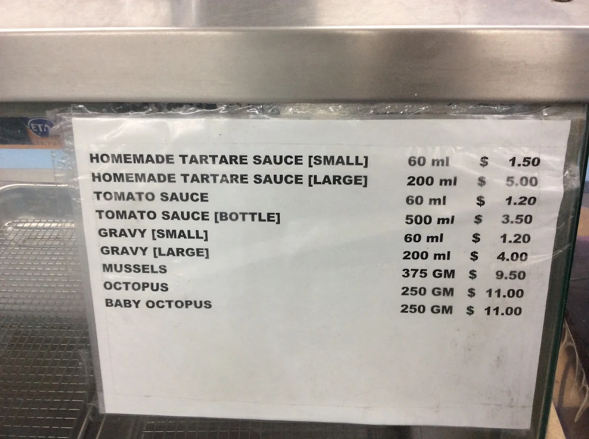 Menu, Stud Bay Fish & Chips