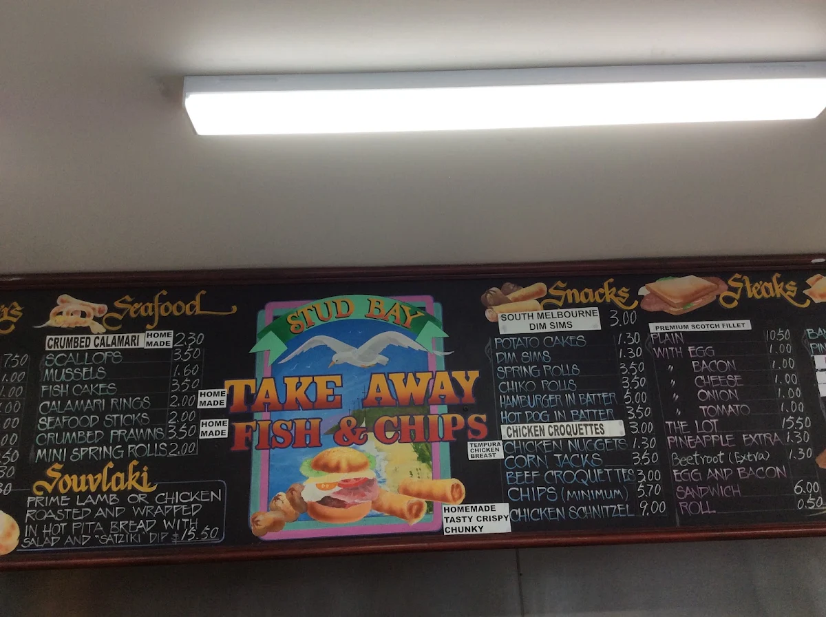Menu, Stud Bay Fish & Chips
