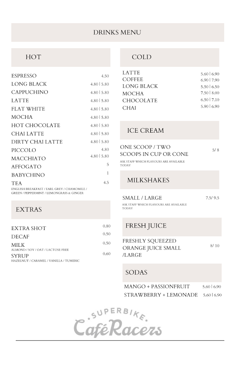 Menu, Superbike Cafe Racers