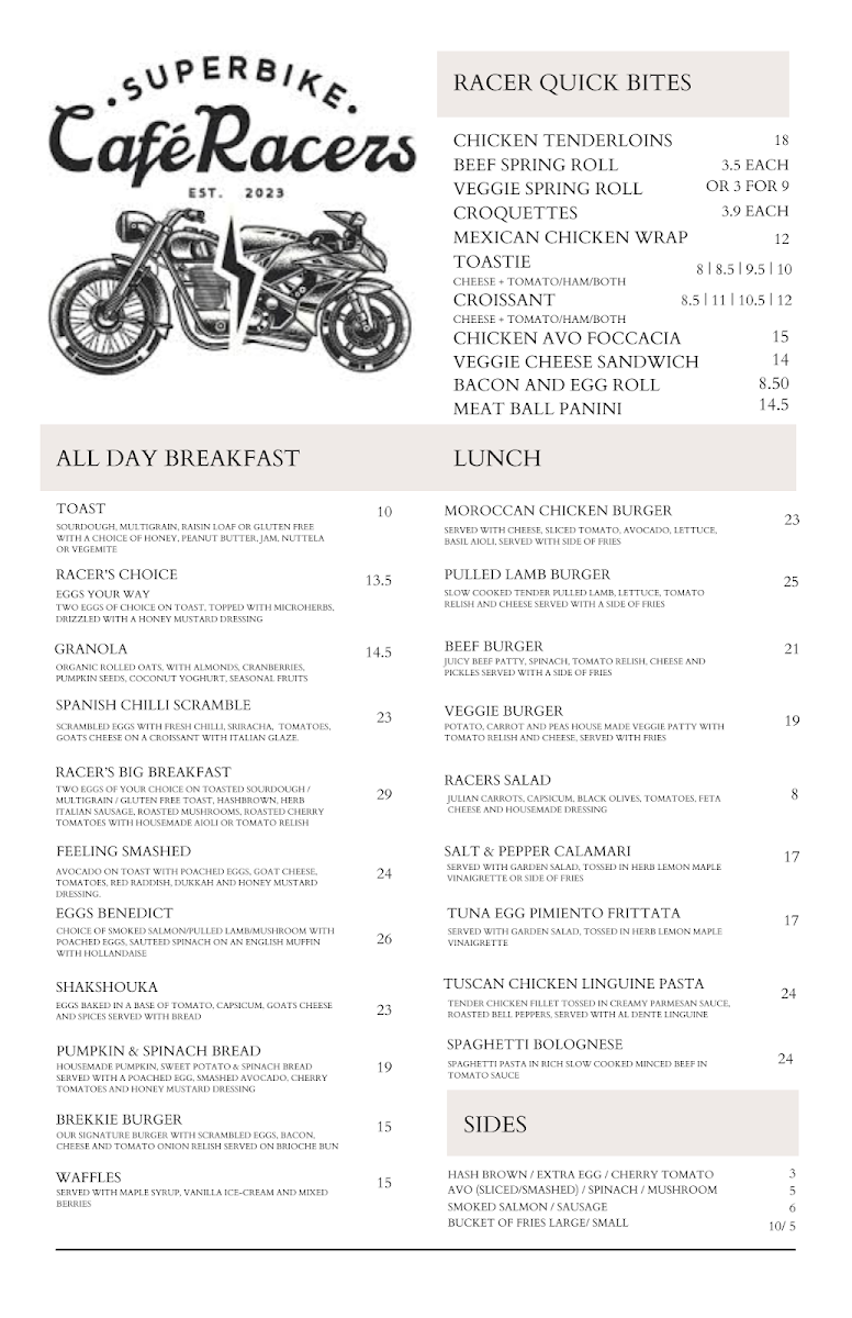 Menu, Superbike Cafe Racers