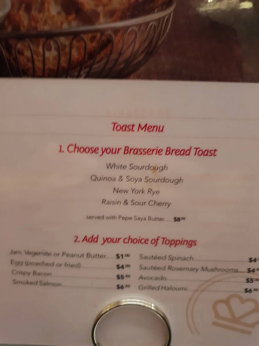 Menu, Brasserie Bread Sydney Airport