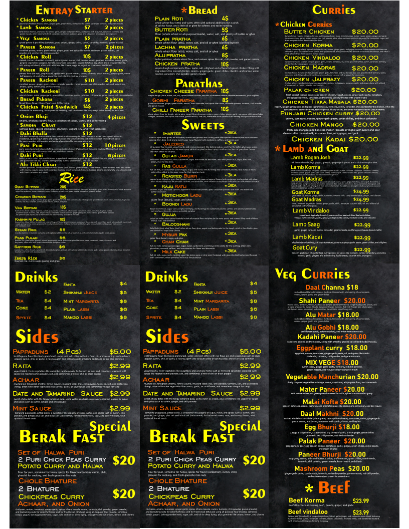 Menu, Maharajah’s Kitchen