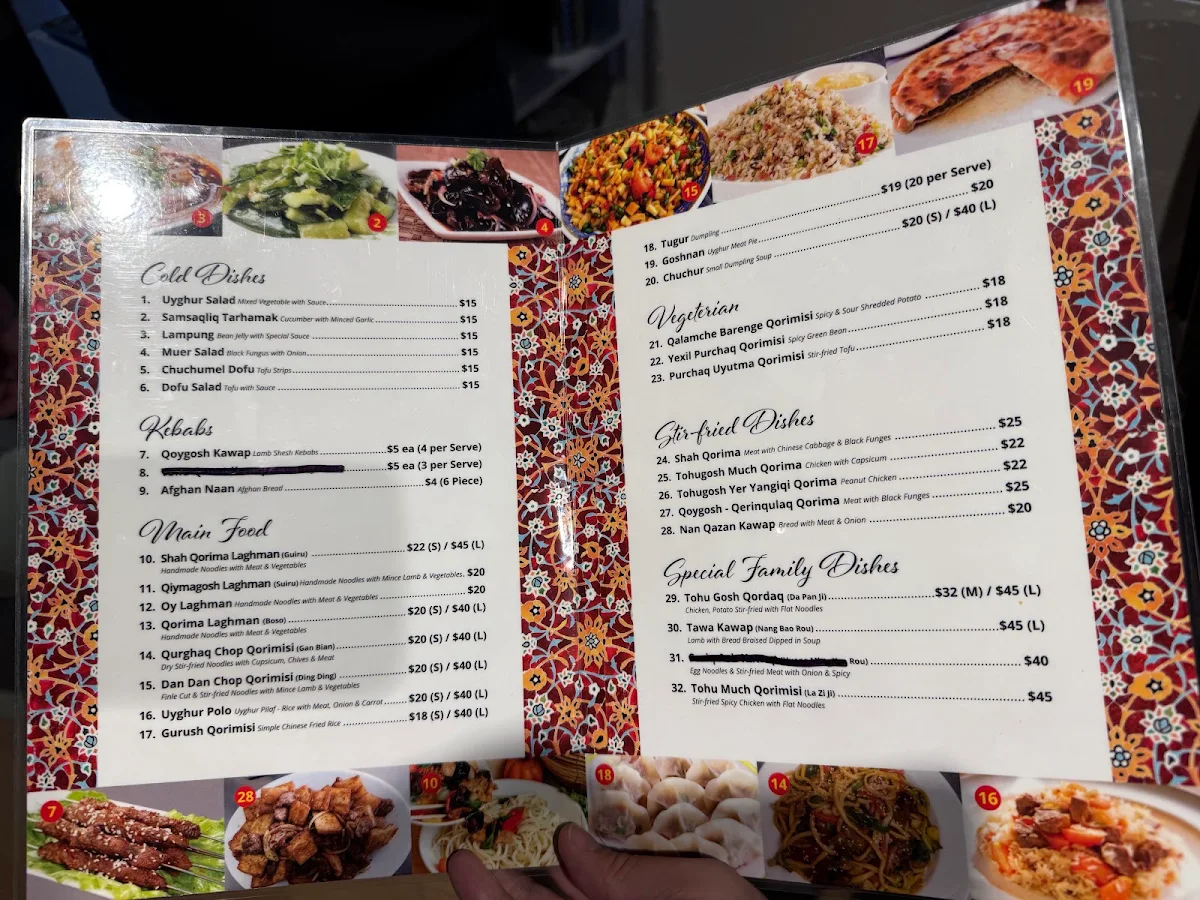 Menu, Paradise Uyghur Cuisine