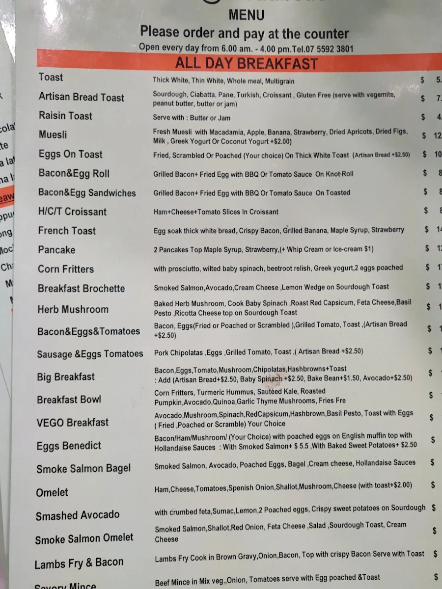 Menu, Base Broadbeach