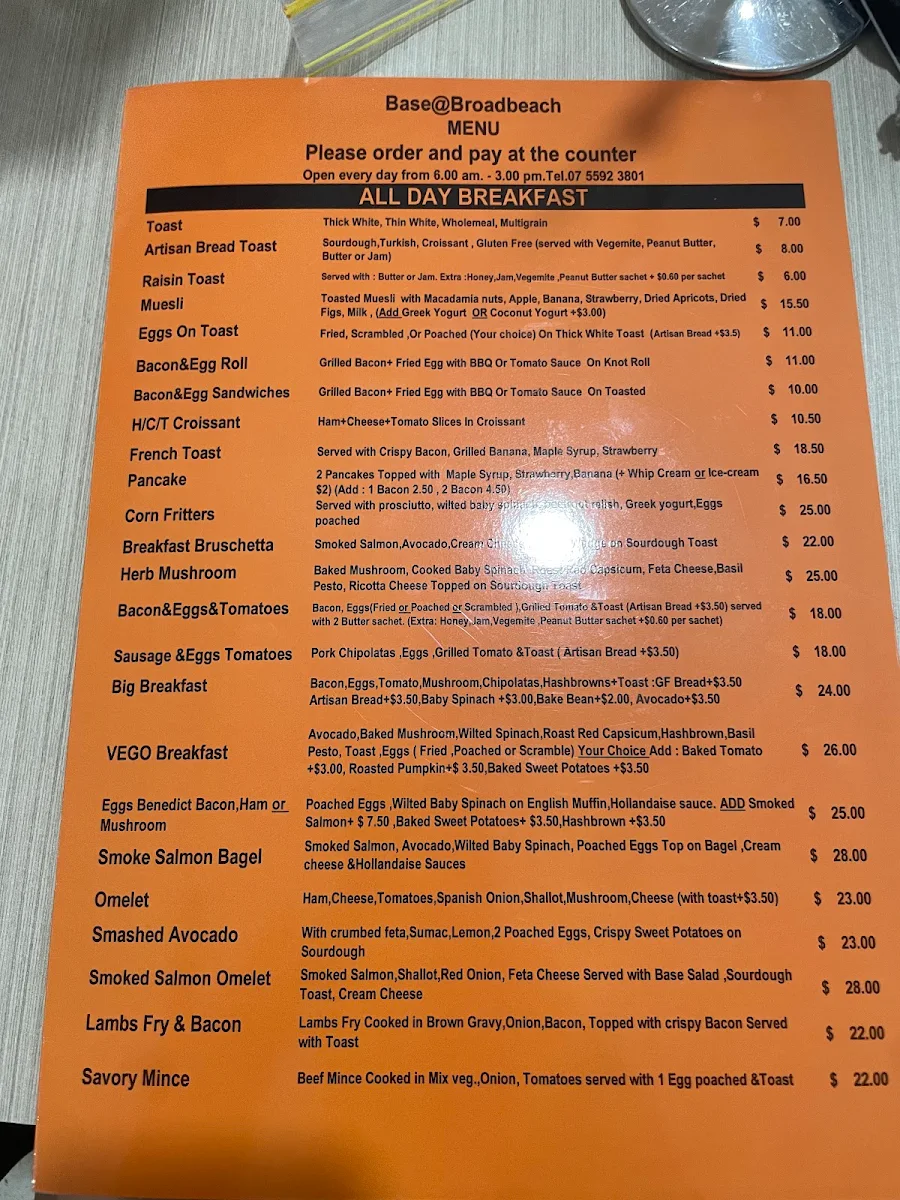 Menu, Base Broadbeach