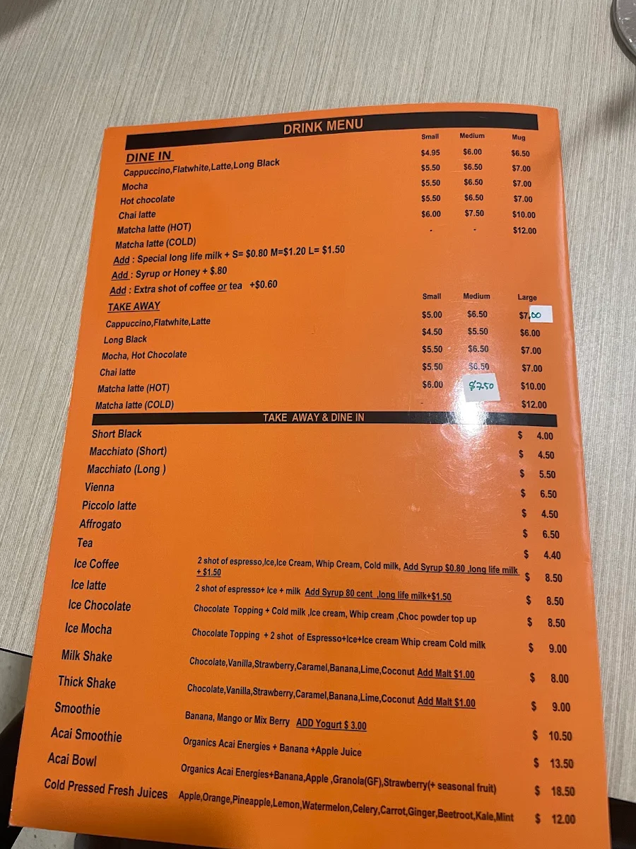 Menu, Base Broadbeach