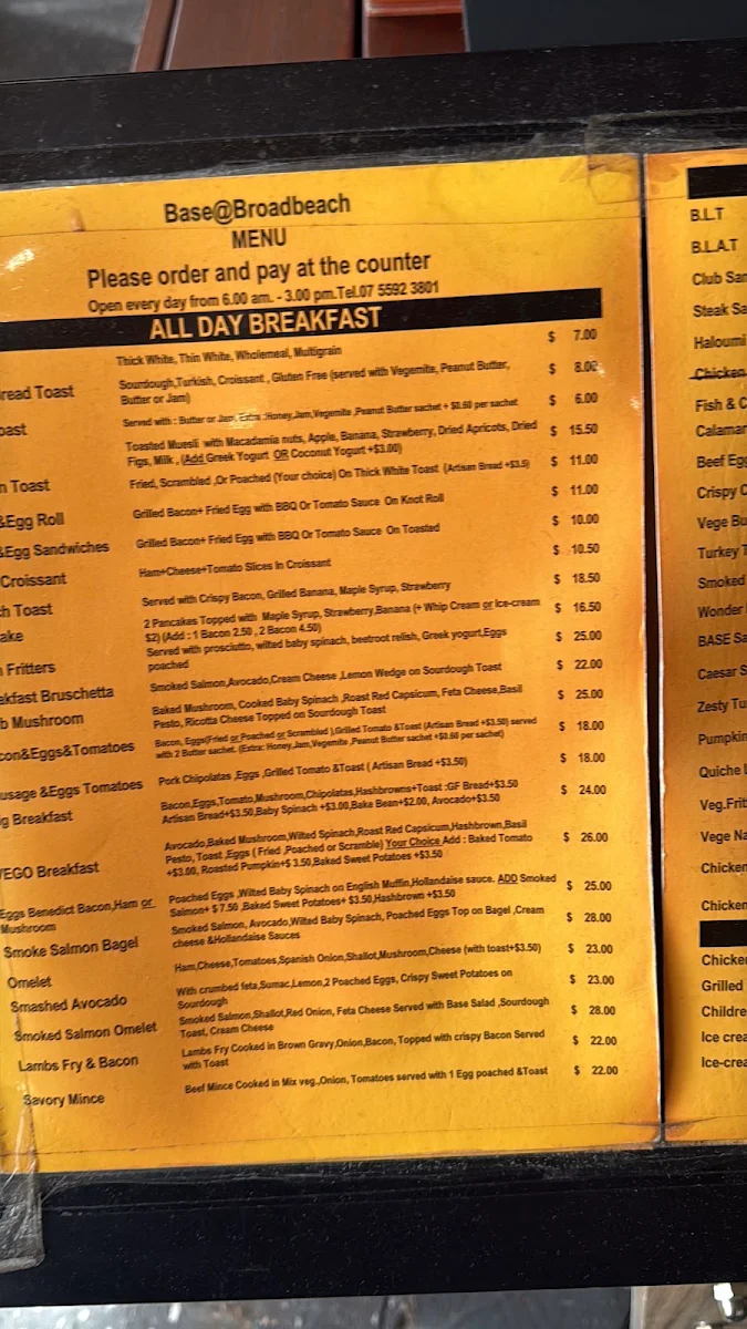Menu, Base Broadbeach