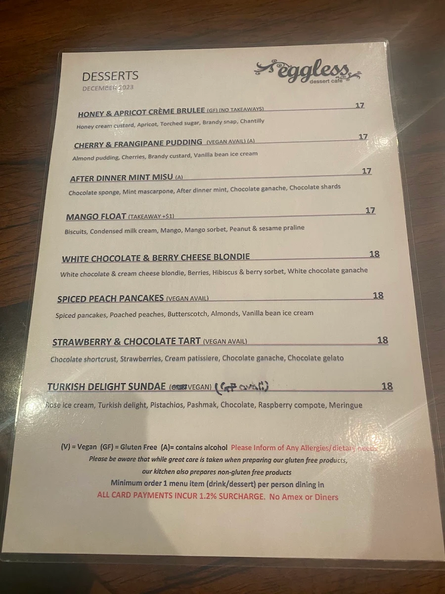 Menu, Eggless Dessert Cafe