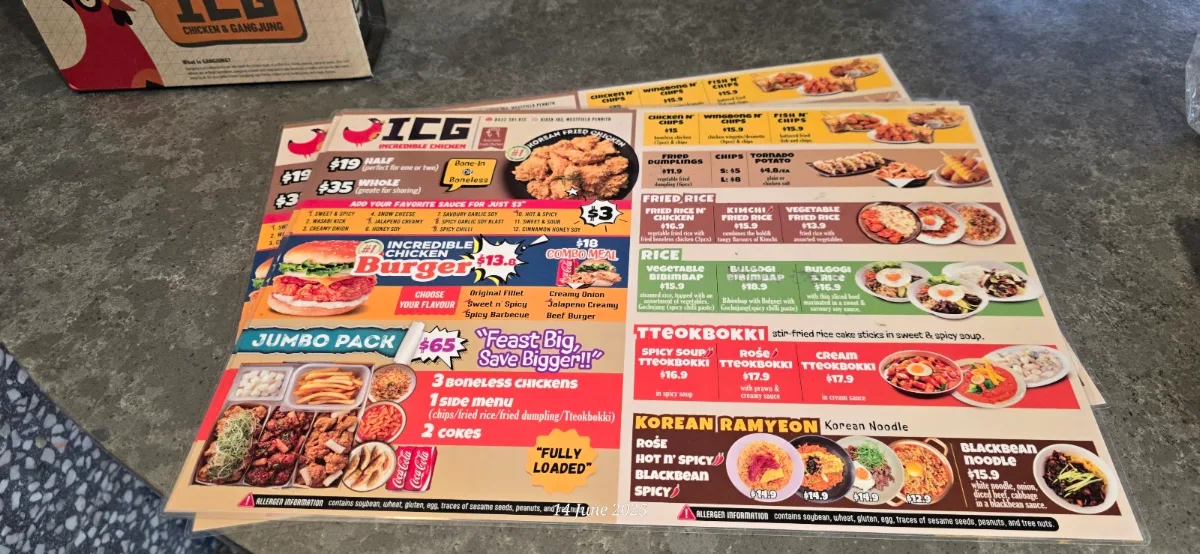 Menu, ICG CHICKEN