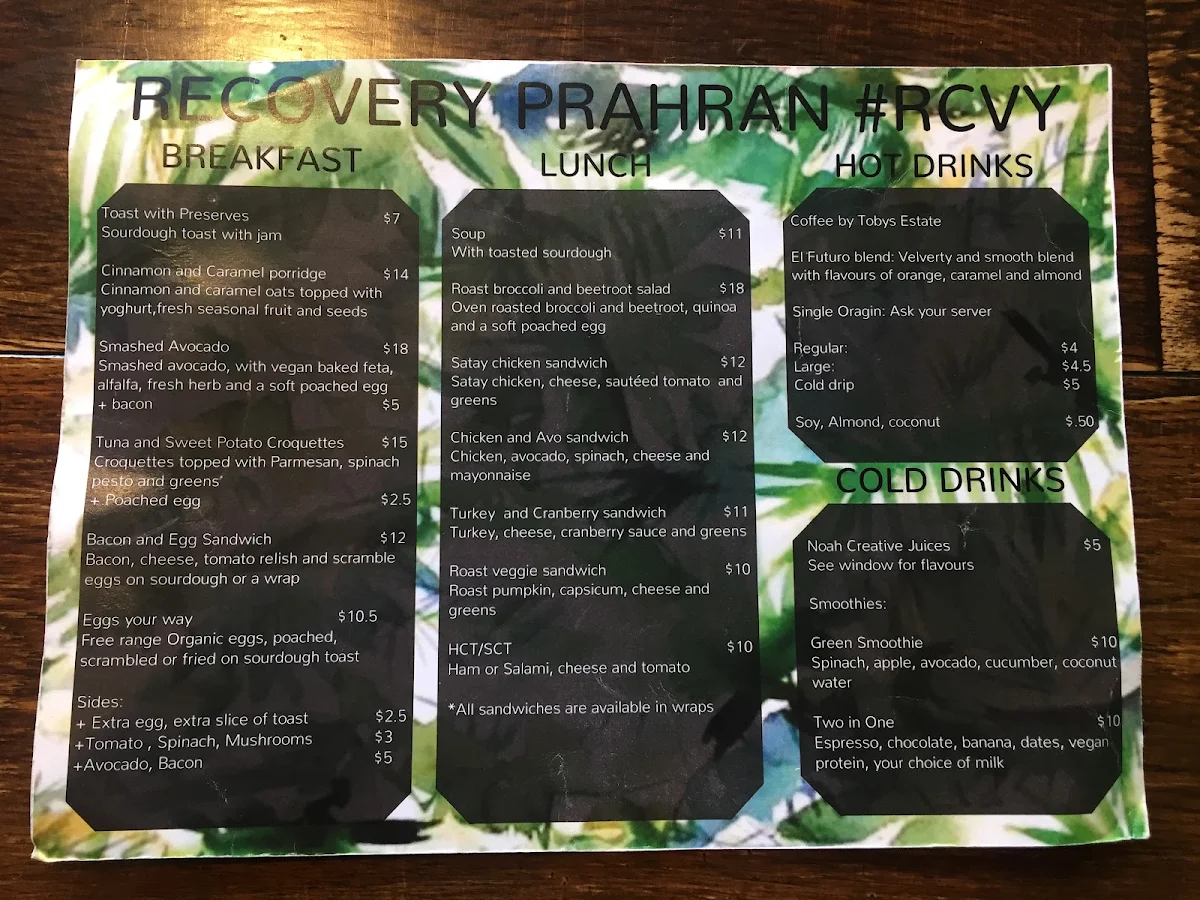 Menu, Recovery Prahran