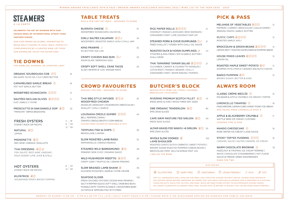 Menu, Steamers Bar and Grill