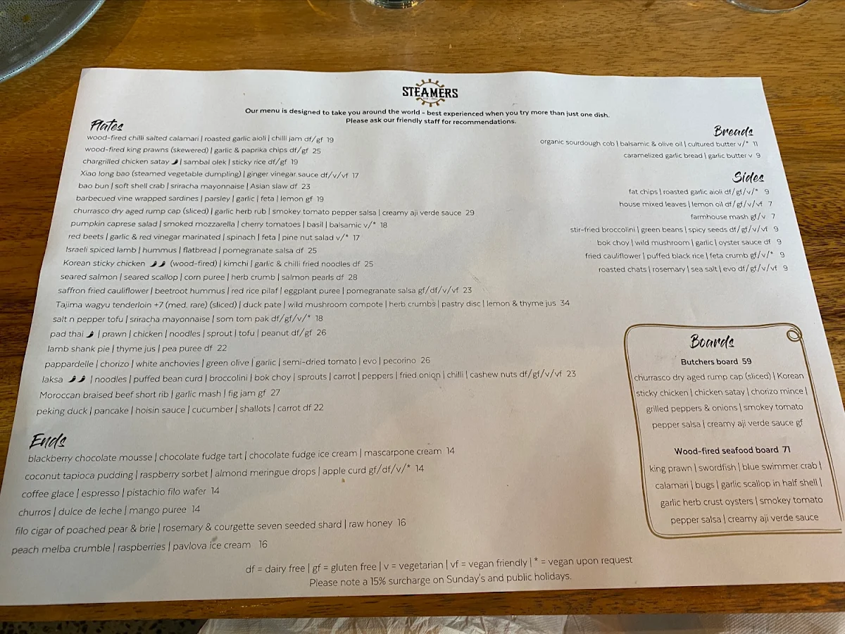 Menu, Steamers Bar and Grill