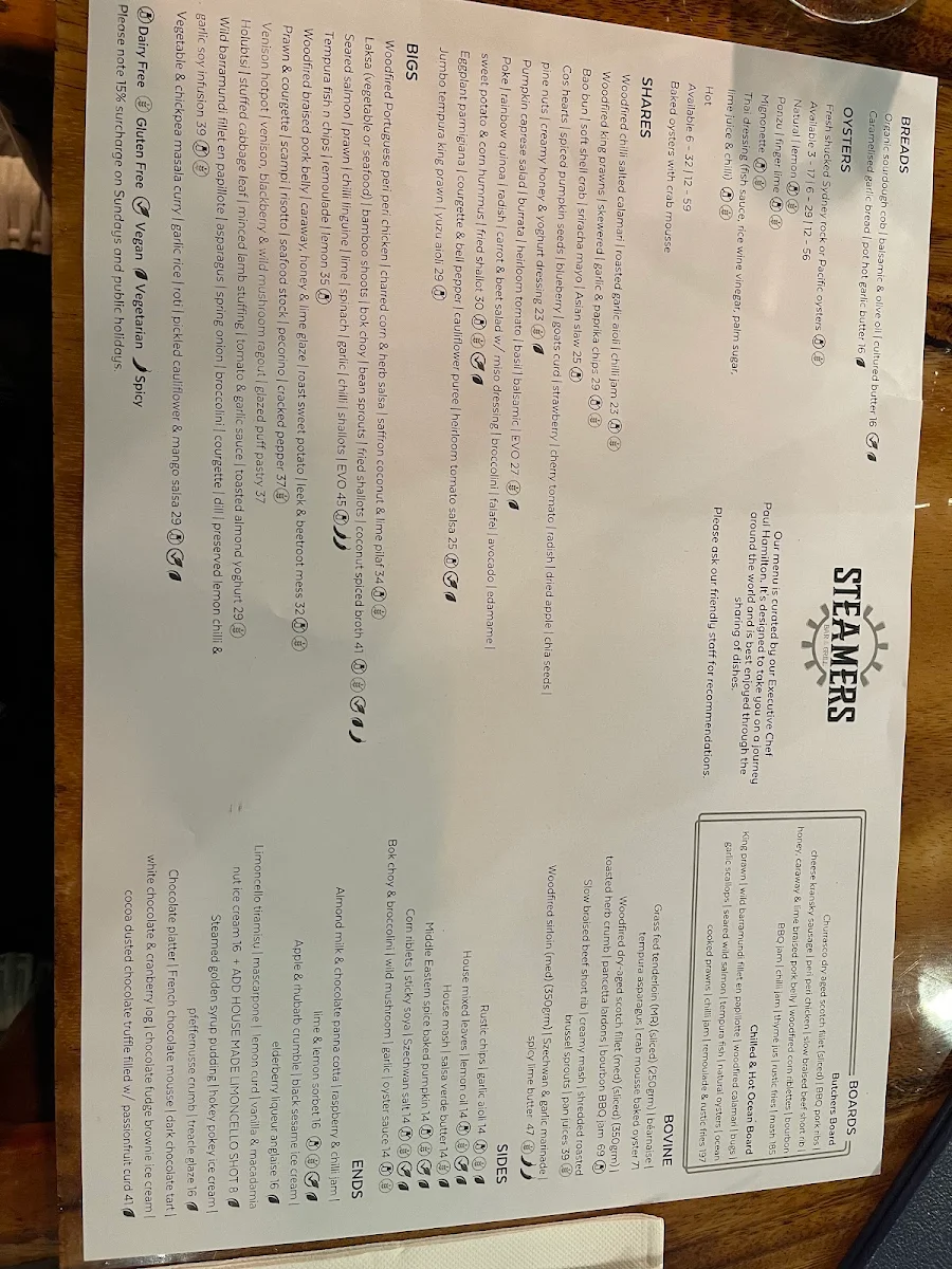 Menu, Steamers Bar and Grill