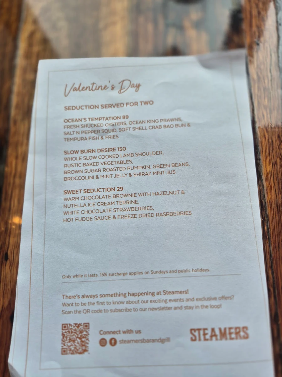 Menu, Steamers Bar and Grill