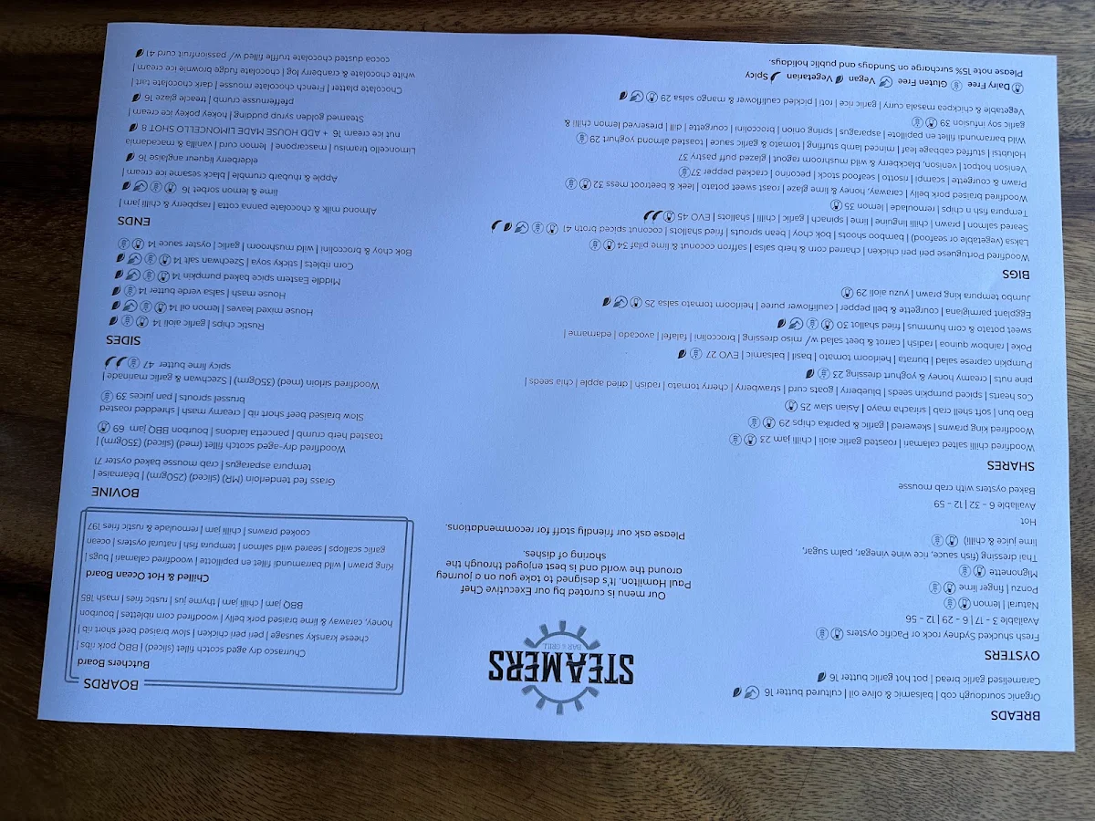 Menu, Steamers Bar and Grill
