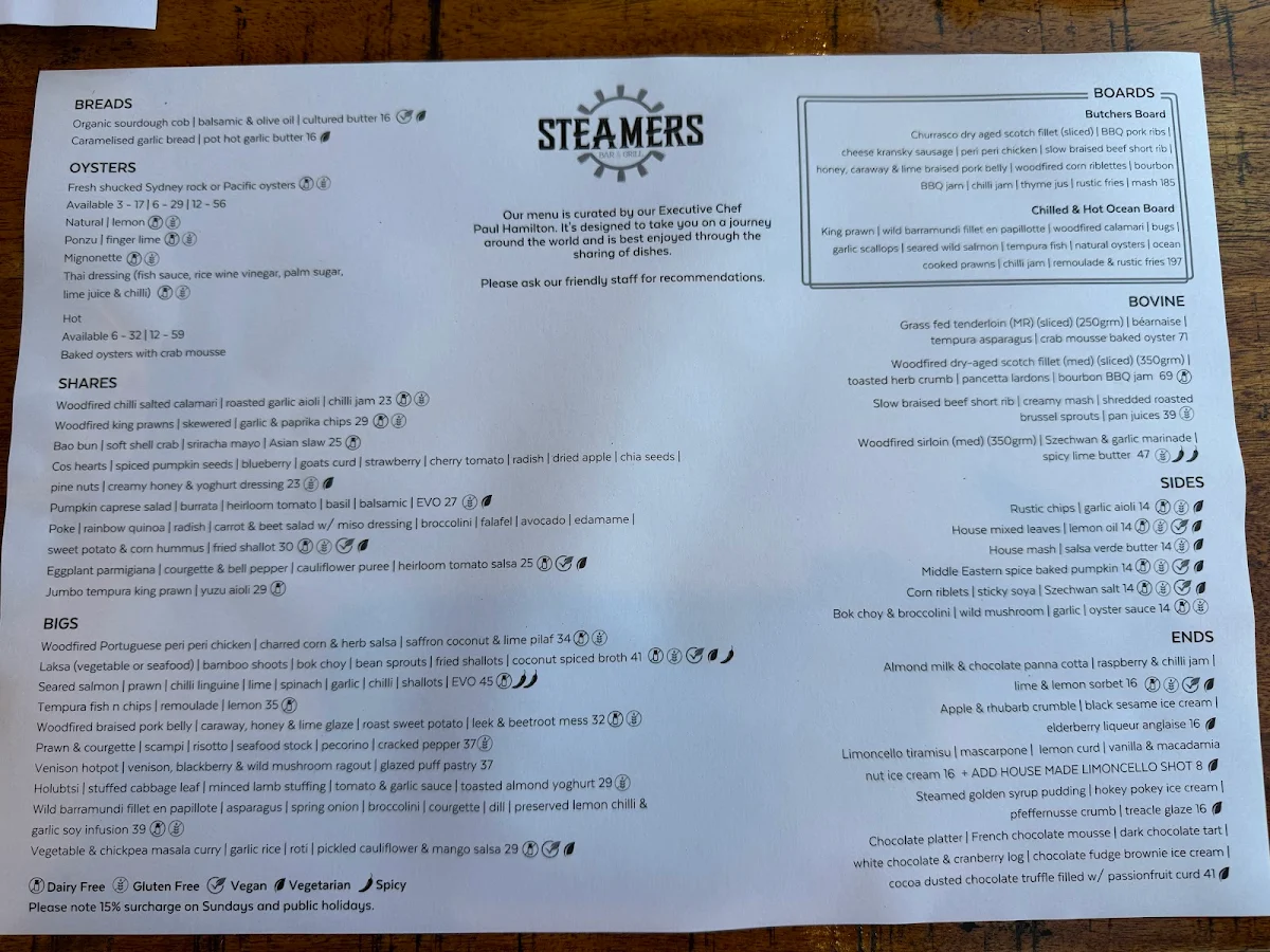 Menu, Steamers Bar and Grill
