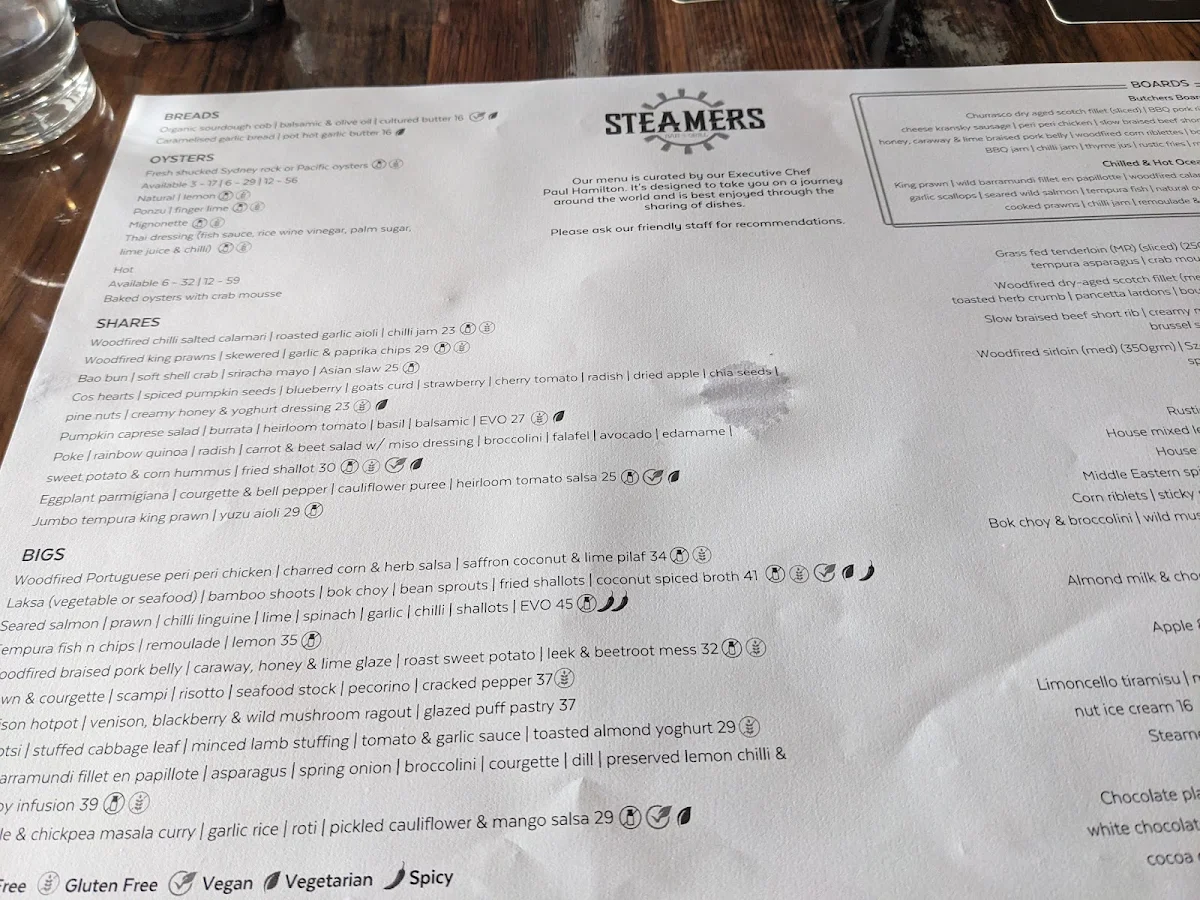 Menu, Steamers Bar and Grill