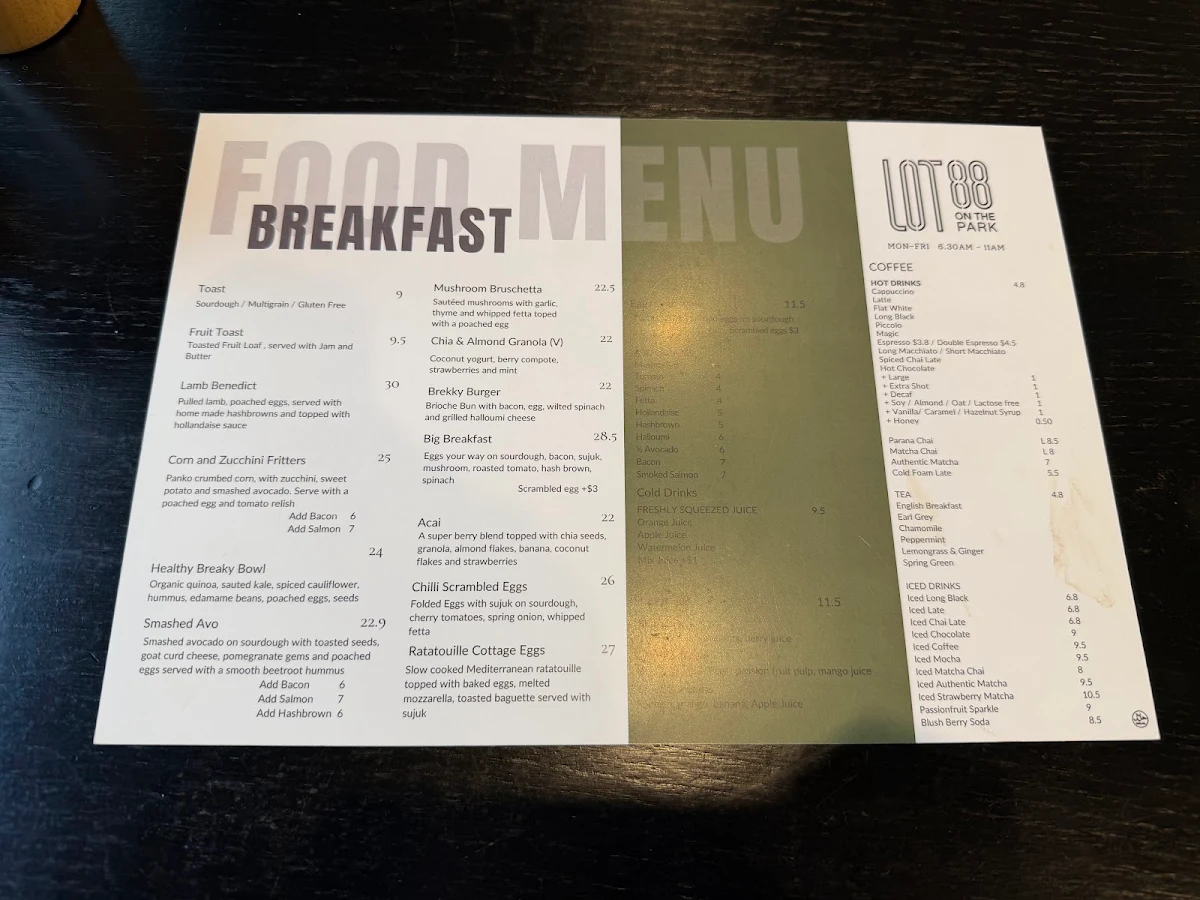 Menu, LOT 88 on the park