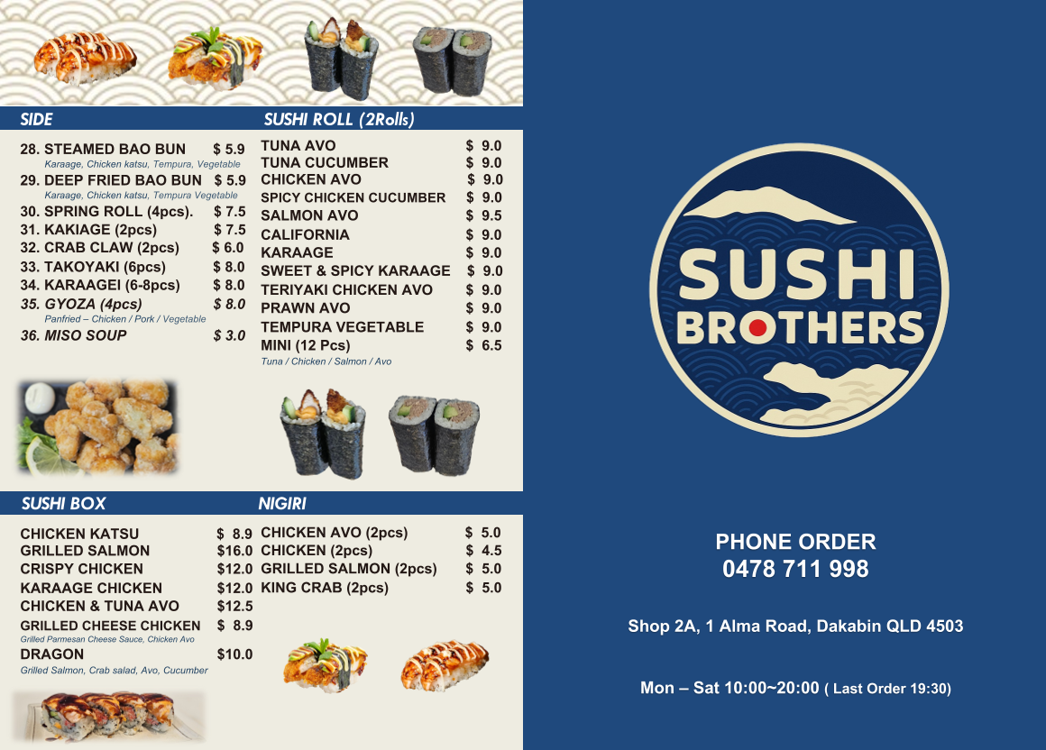 Menu, Sushi Brothers