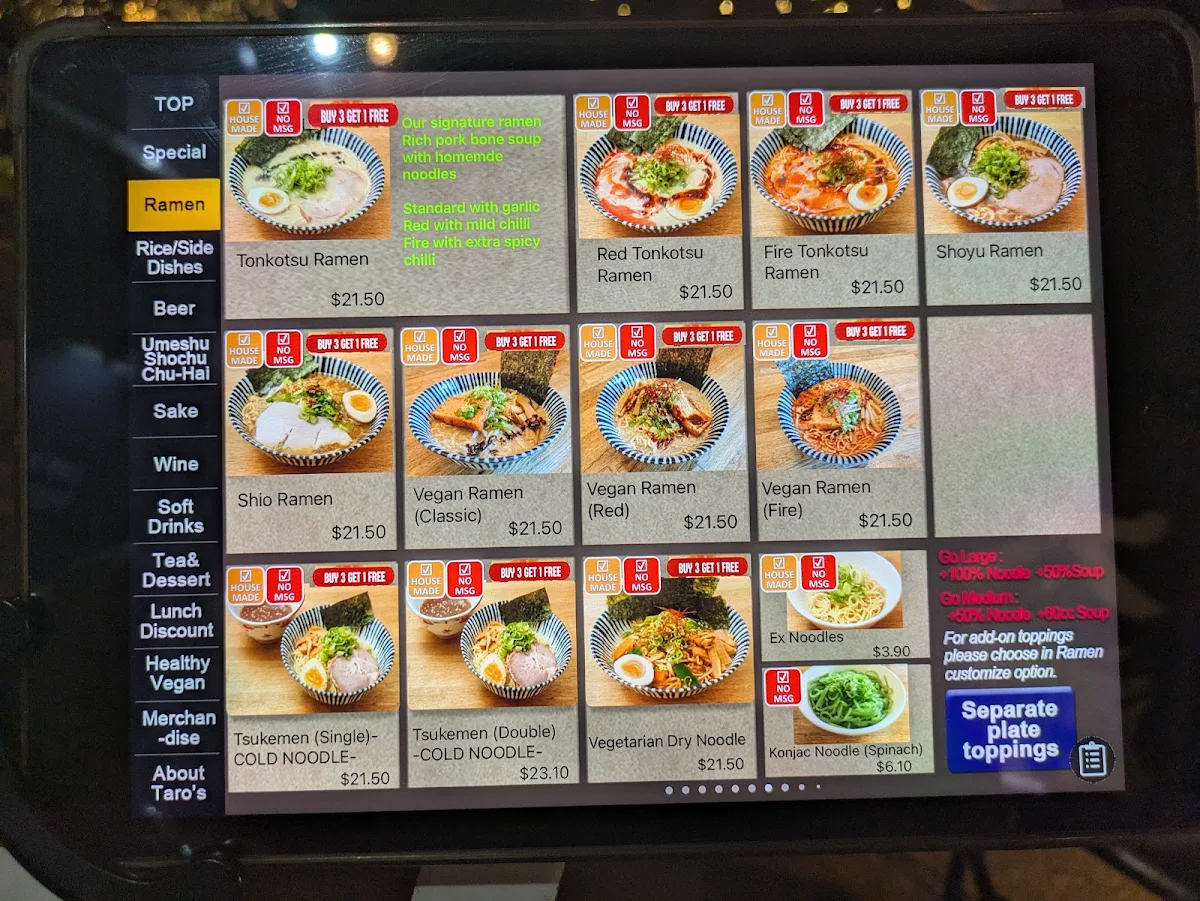 Menu, Taro's Ramen