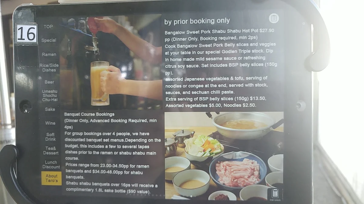 Menu, Taro's Ramen