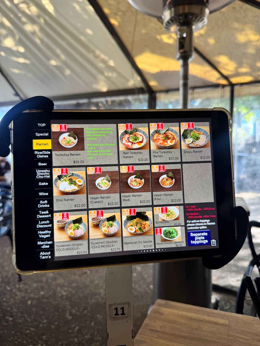 Menu, Taro's Ramen