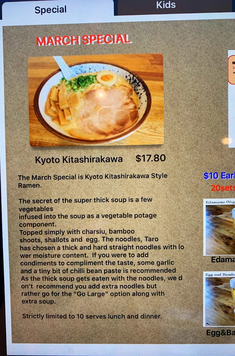 Menu, Taro's Ramen