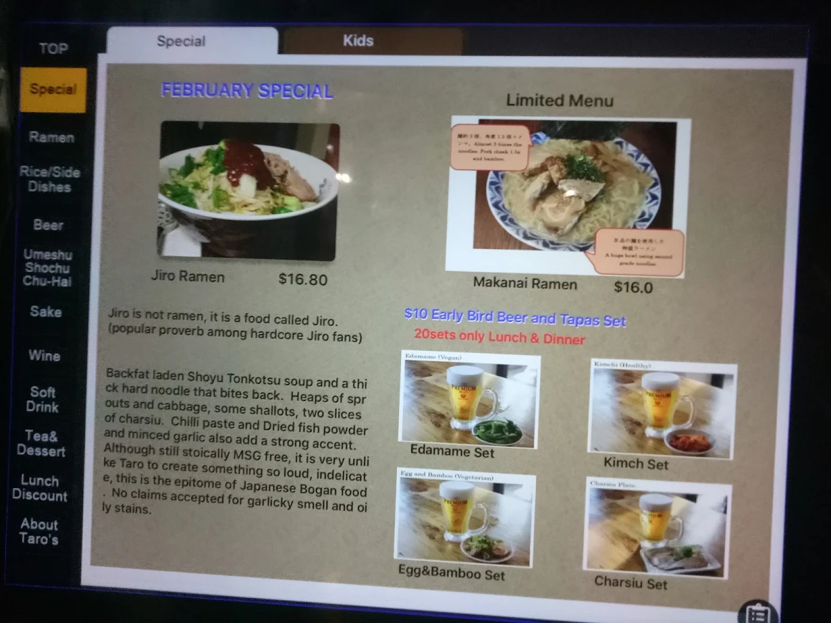 Menu, Taro's Ramen