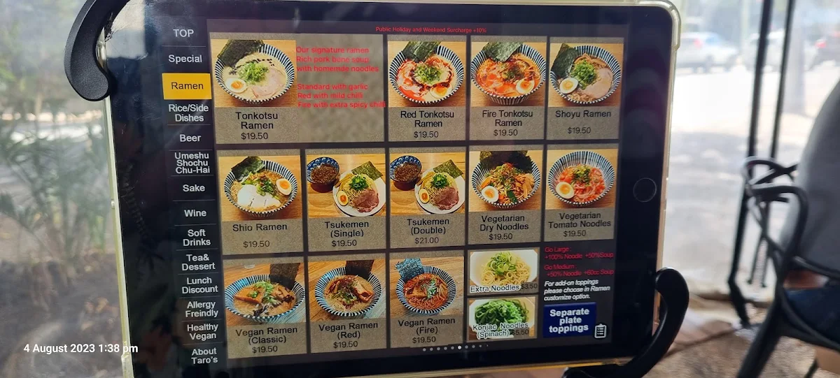 Menu, Taro's Ramen