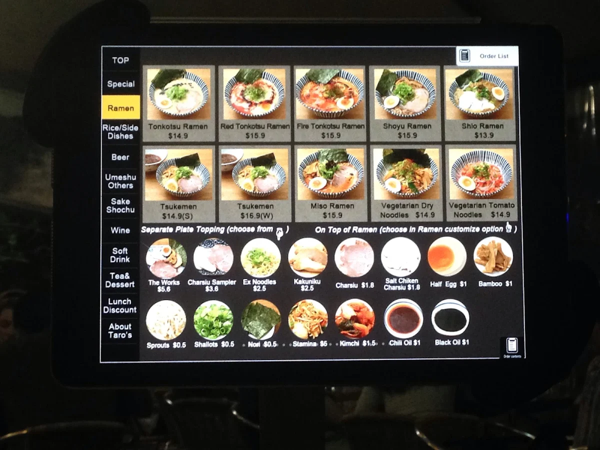 Menu, Taro's Ramen