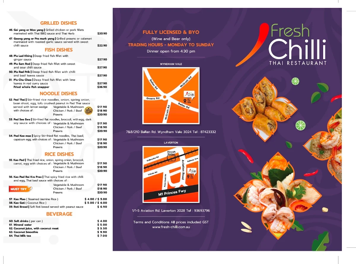 Menu, Fresh Chilli Thai Restaurant