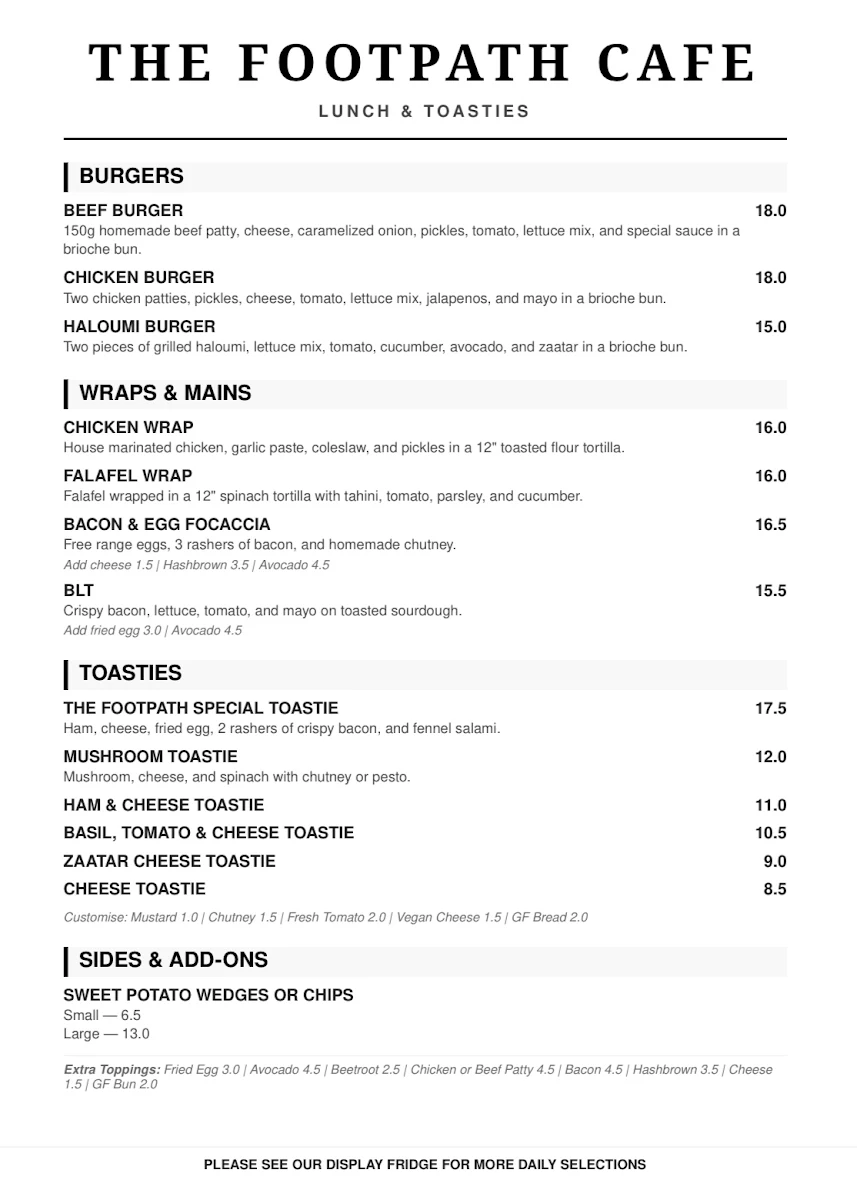 Menu, The Footpath Cafe