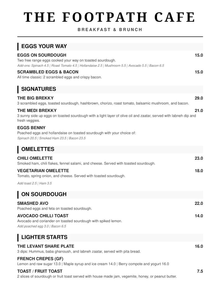 Menu, The Footpath Cafe