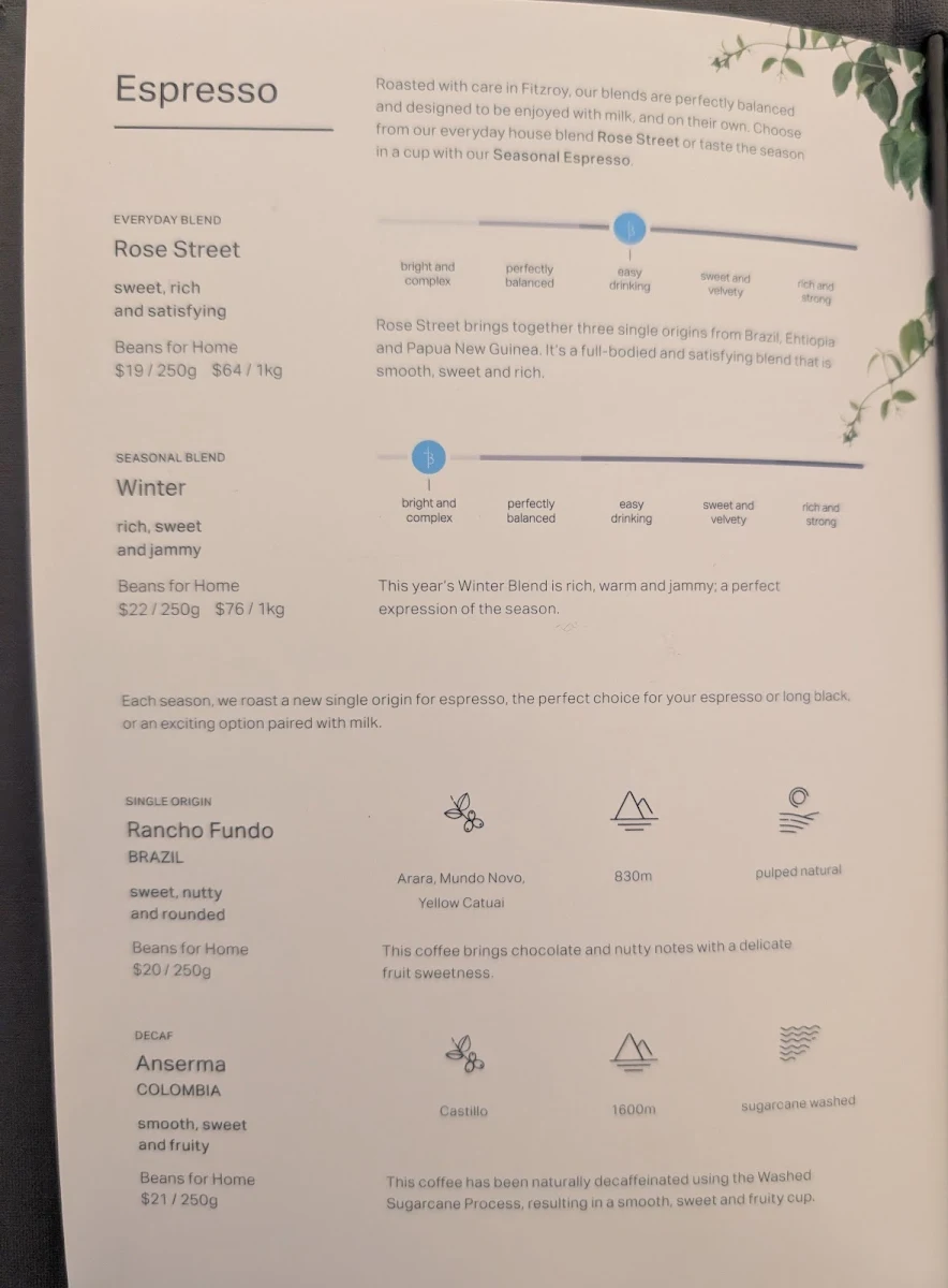 Menu, Industry Beans Castlereagh St.